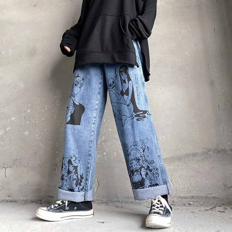 Lavado Jean Harajuku Impresión de anime Baggy Hombre Streetwear de algodón Moda Y2K Hombre suelto Pantalones de pierna ancha 220224