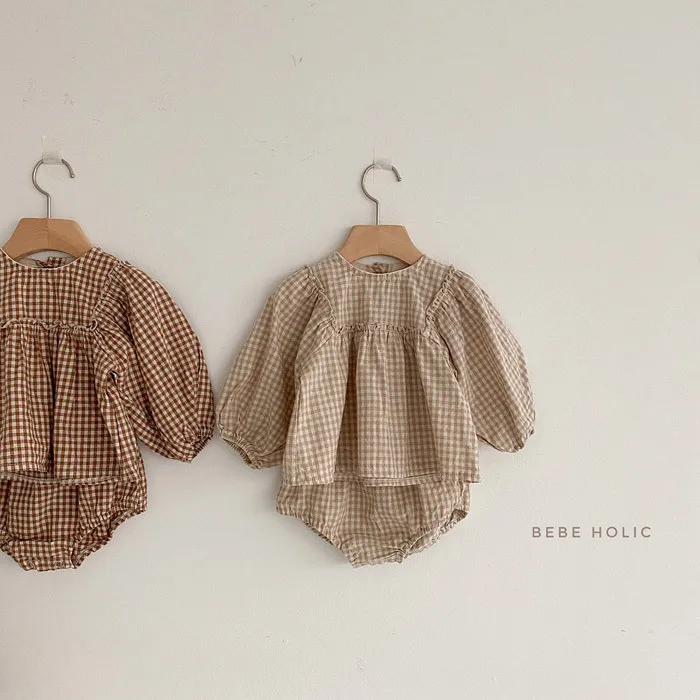 Baby Boys e meninas xadrez de roupa conjunto Outono bebê manga comprida t camisa tops e shorts conjunto de roupas de bebê terno roupas crianças roupas 210413