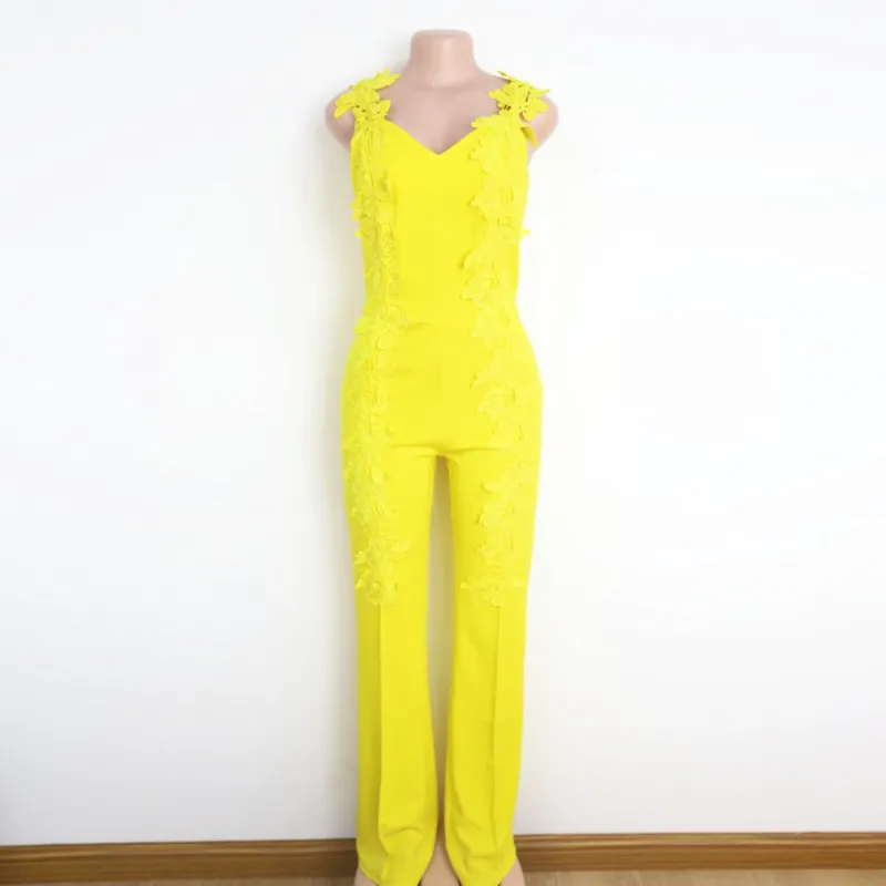 HIGH QUALITY est Fashion Runway Designer Jumpsuit Womens Spaghetti Strap Appliques Straight 210521