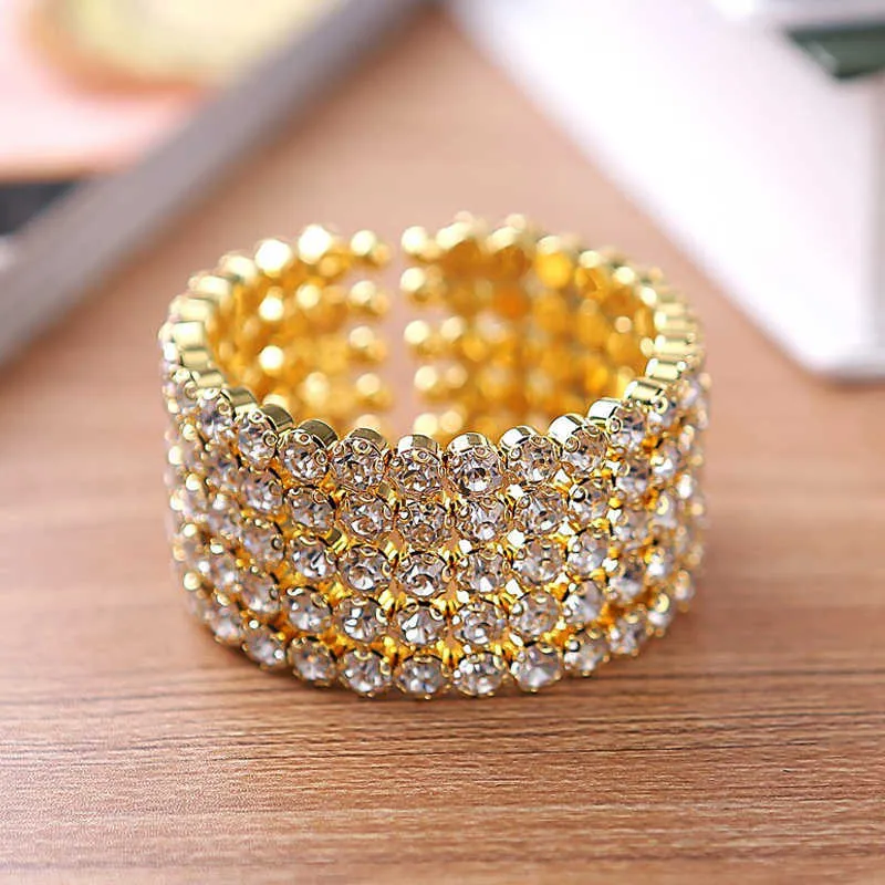 5-reihiges Braut-Hochzeits-Armband mit großem Kristall-Stulpe-Armband, versilbert und goldfarbenes Metall, breite, seitlich offene Armreifen für Frauen Q0717