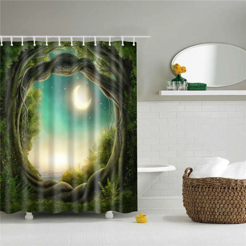竹林木の風景プリント3Dバスカーテン防水ポリエステル生地洗えるバスルームシャワーカーテン210609
