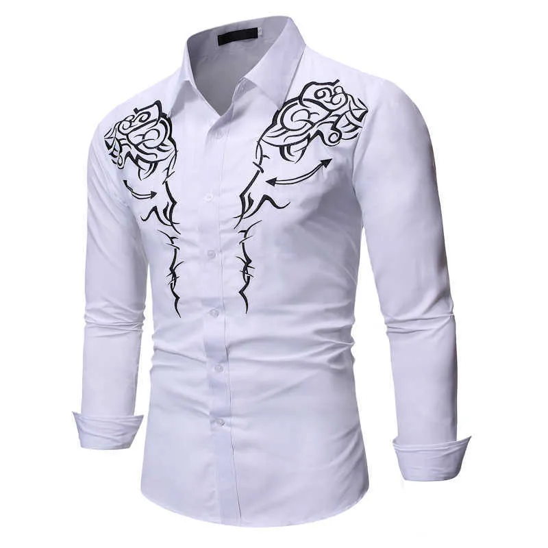 Fashion Western Cowboy Shirt Mannen Merk Ontwerp Borduren Slim Fit Casual Lange Mouw Heren Overhemden Bruiloft Shirt Mannelijke T2254K