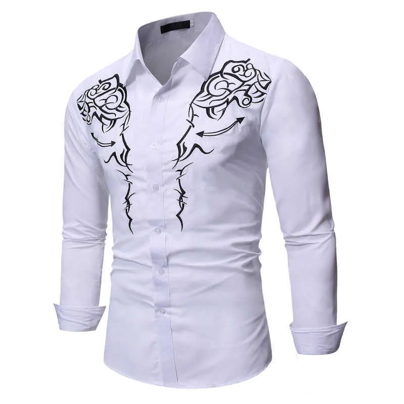 Moda batı kovboy gömlek erkek marka tasarım nakış ince fit rahat uzun kollu erkek elbise gömlek düğün parti gömlek erkek t2254k