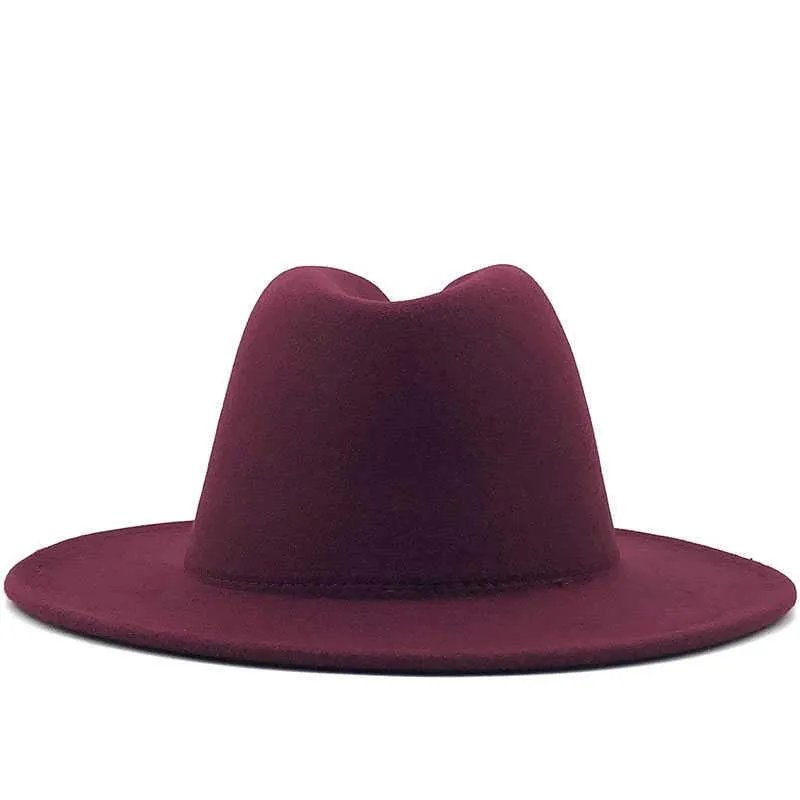 Cappelli a tesa larga Vino goccia esterno rosso interno cammello feltro di lana jazz Fedora con fibbia cintura sottile uomo donna Panama Trilby Cap 56-60CM241q