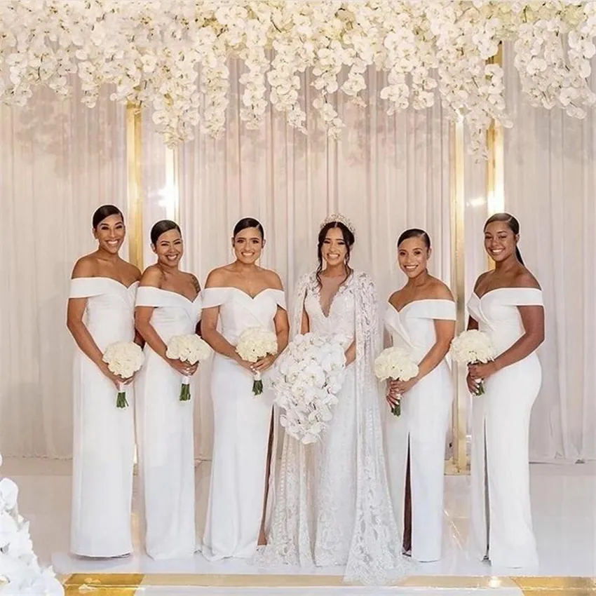 Beyaz kapalı omuz nedime elbiseleri 2021 artı beden Afrika Hizmetçisi Onur Gowns Uzun Denizkızı Saten Düğün Konuk Partisi Elbise Form287E