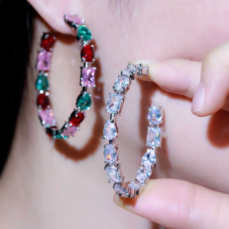 Prachtige roze rode kubieke zirkoon kristal grote ronde hoepel oorbellen voor dames mode party sieraden accessoires CZ760 210714