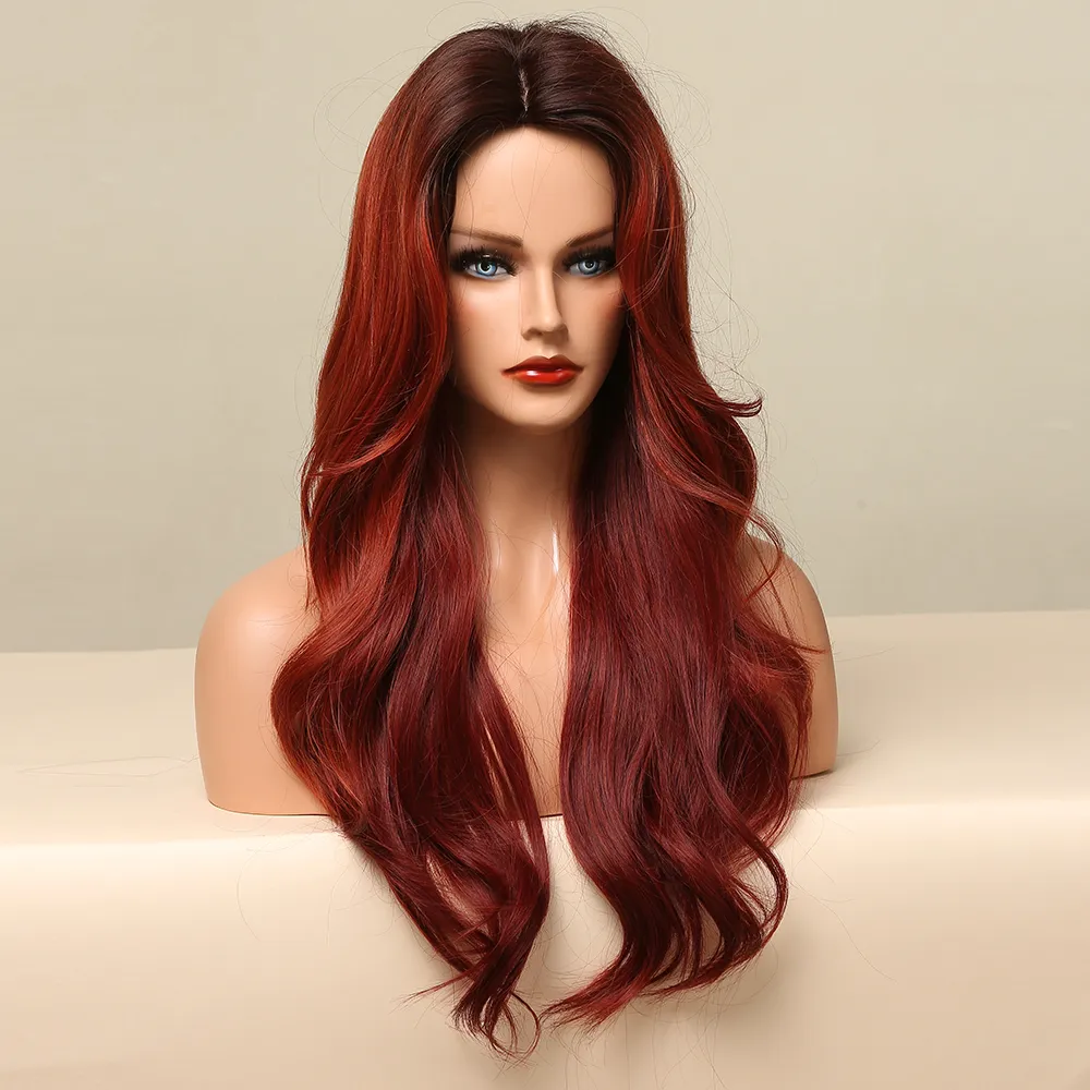 Wigs Synthetic Wigs Long Wave Ombre Brown Red Wig Deep Red For Women Middle Part Party Cosplay Diretamente Uso