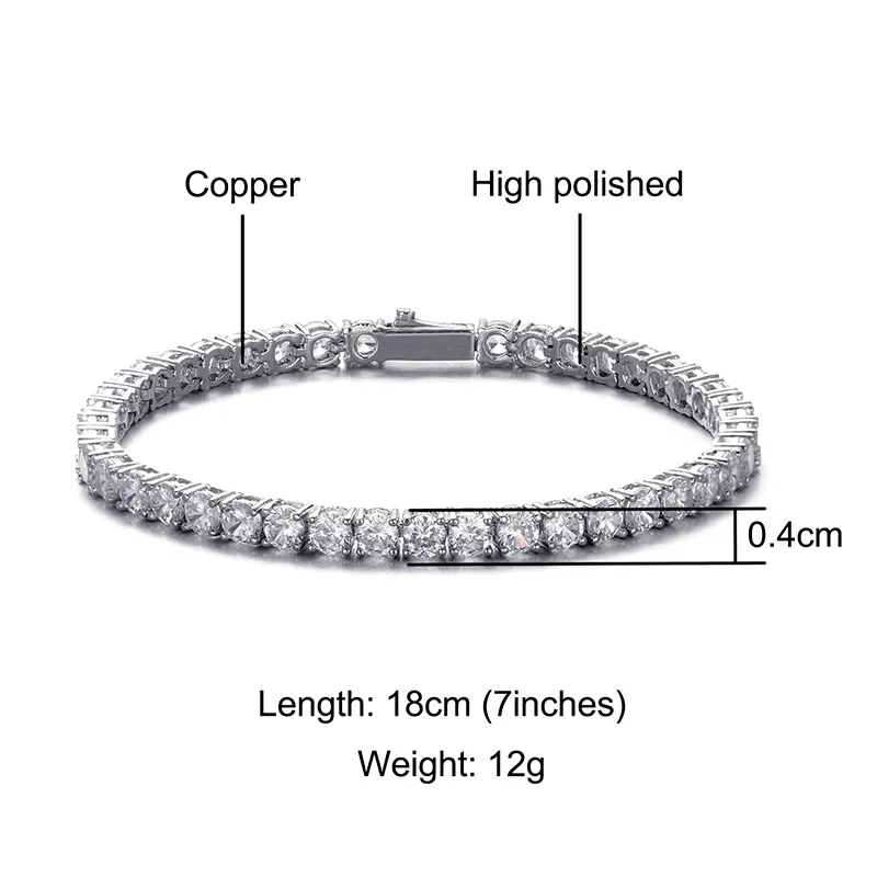 Bracelet de chaîne de Tennis en Zircon cubique glacé, 1 rangée de 3/4/5mm, pour femmes et hommes, couleur or, bijoux à breloques Hip Hop