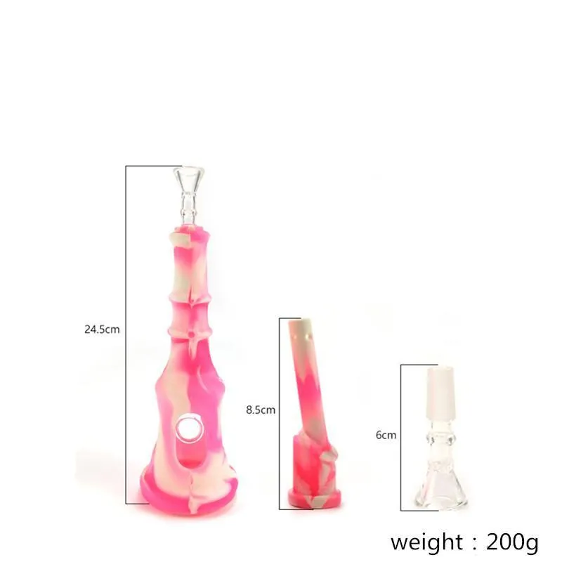 Różowy silikonowy bong szklany rura wodna 9,8 cali wysokość Pagoda Design wyjmowany z fajkami do pucharu