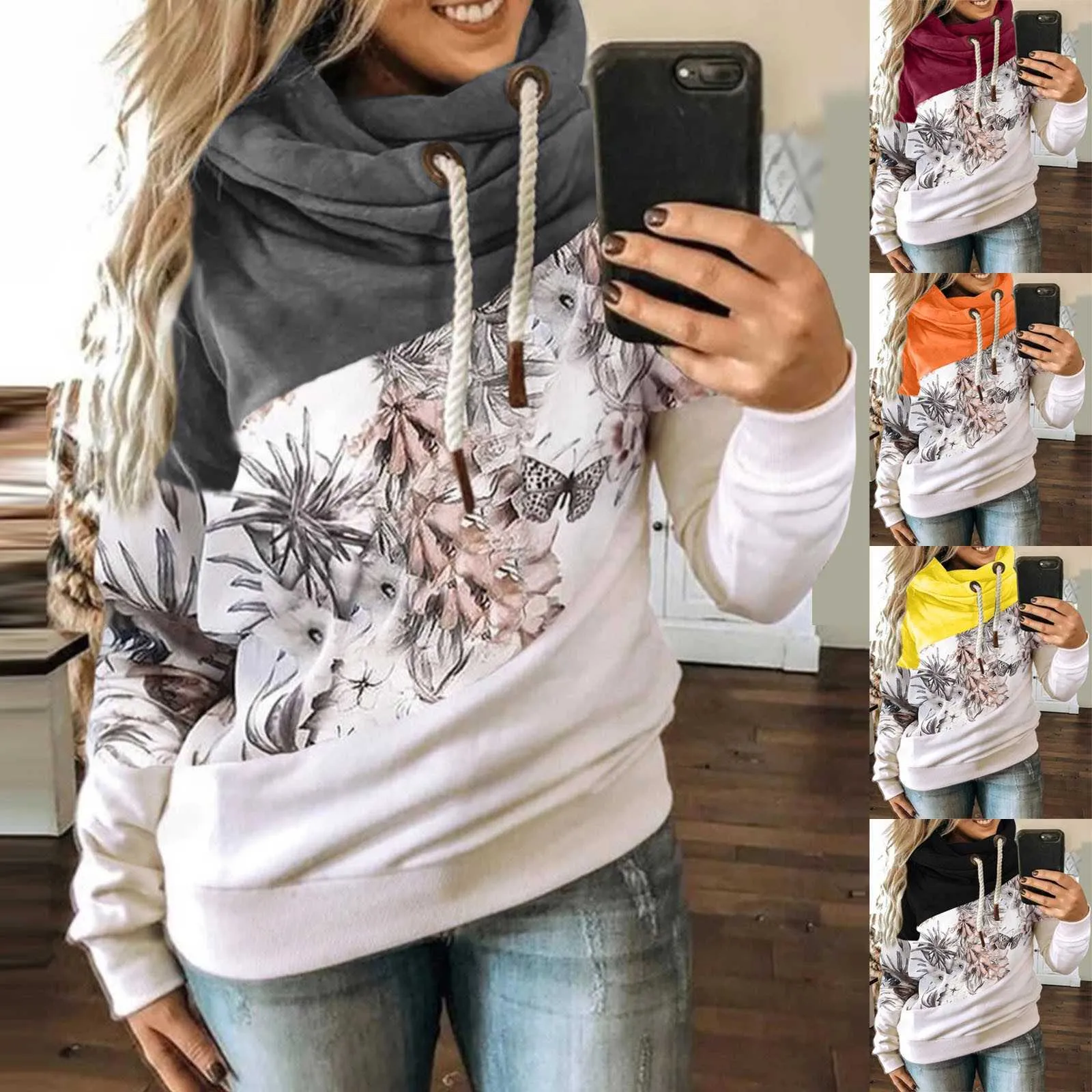 Felpe con cappuccio stampate floreali Donna Cuciture casual Donna con cappuccio Sport Flower Priting Felpa donna Harajuku Dropshipping X0629