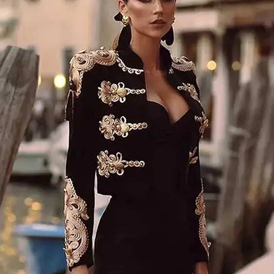 고품질 블랙 크기의 대형 우아한 붕대 재킷 섹시한 긴팔 파티 활주로 보디코 여성 여성 가을 ​​211025