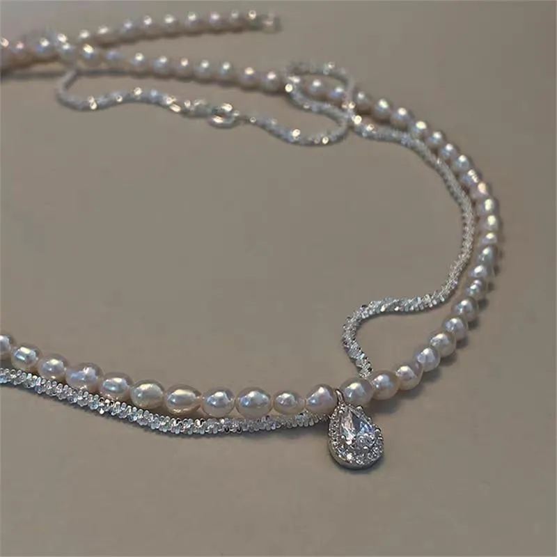 Collana con pendente a goccia color argento zircone stile coreano Collana con catena a clavicola con perle d'acqua dolce naturali geometriche Collane da donna228e