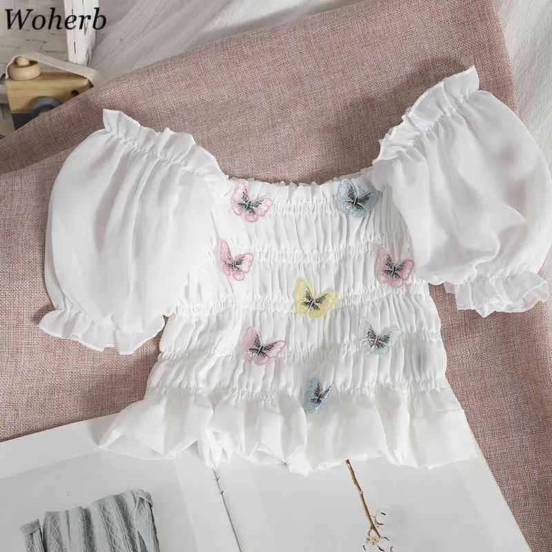 Szyfonowa uprawa Top Kobiety Koszulki Butterfly Haft Off Ramię Rękaw Puff Bluzka Koreański Moda Chic Cute Ladies Blusas 210519