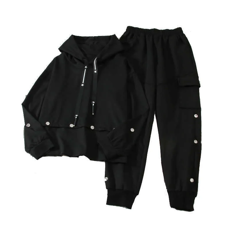 Unisex Cargo Hosen Niet Harajuku Taschen Hoodies + Hosen Hohe Taille Jogger Hip-Hop Punk Schwarz Harem Streetwear 210531