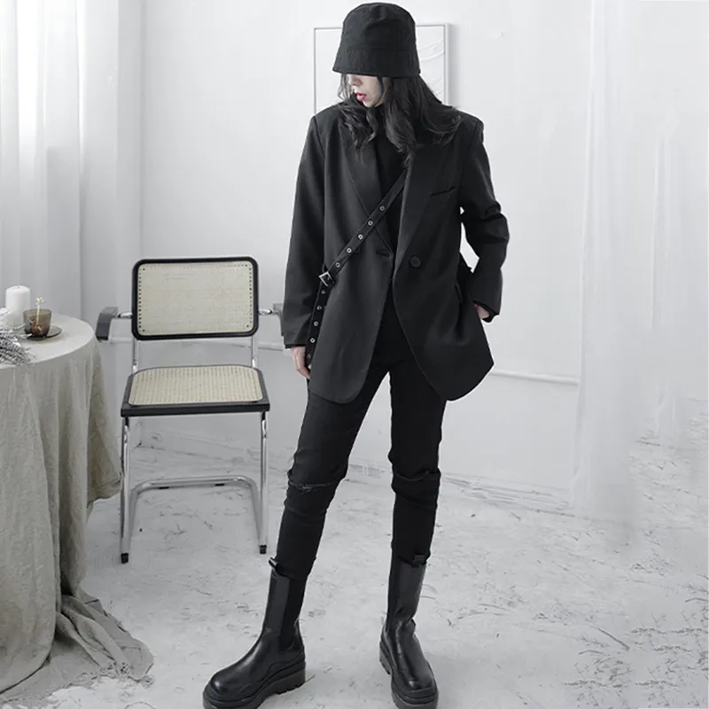 [Eam] mulheres pretas tamanho grande blazer lapela manga longa solta apta jaqueta moda primavera outono 1dd7642 21512