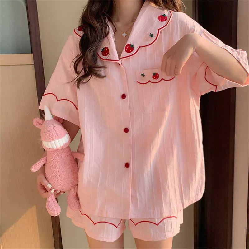 Qweek Women's Pajamas Summer Night Home Suit Sleepwear Cotton Strawberry Embroidery Pijamas Homepwear Pyjamas Kawaii Pj Sets 210809