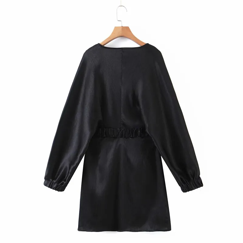 Streetwear Women Black Szyfonowa Dress Moda Damska Dekolt Mini Dresses Causal Kobiet Chic Elastyczne Sashes Luźne Vestidos 210427