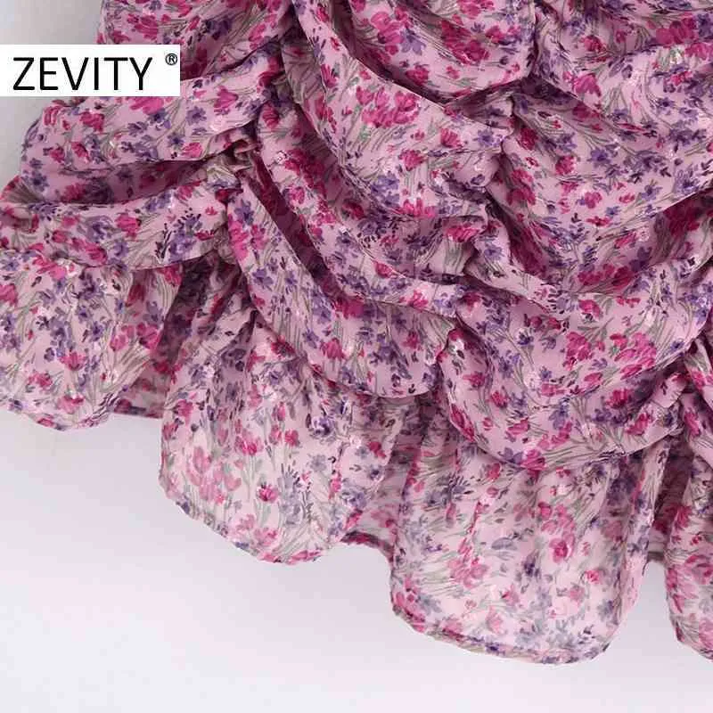 Mujeres moda cuello cuadrado estampado de flores plisado mini vestido dama puff manga casual vestidos delgados vestidos elegantes DS4526 210420