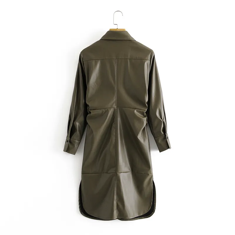 Vinatge Woman Dark Green Slim Leather Shirt Dress Autumn Winter Fashion Ladies Soft PU es Female Casual Draped 210515