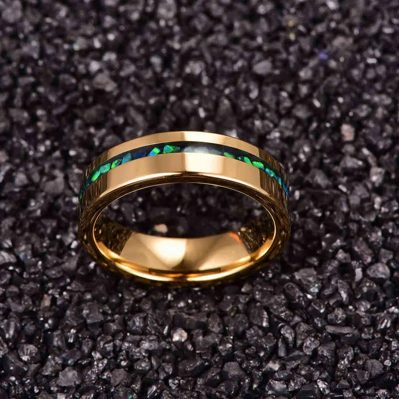 6 mm elektrischer Gold-polierter eingelegter grüner Opal-Wolframkarbid-Ring für Herren, modisch, Hochzeit, Schmuck, Geschenk, AAA-Qualität, 211217