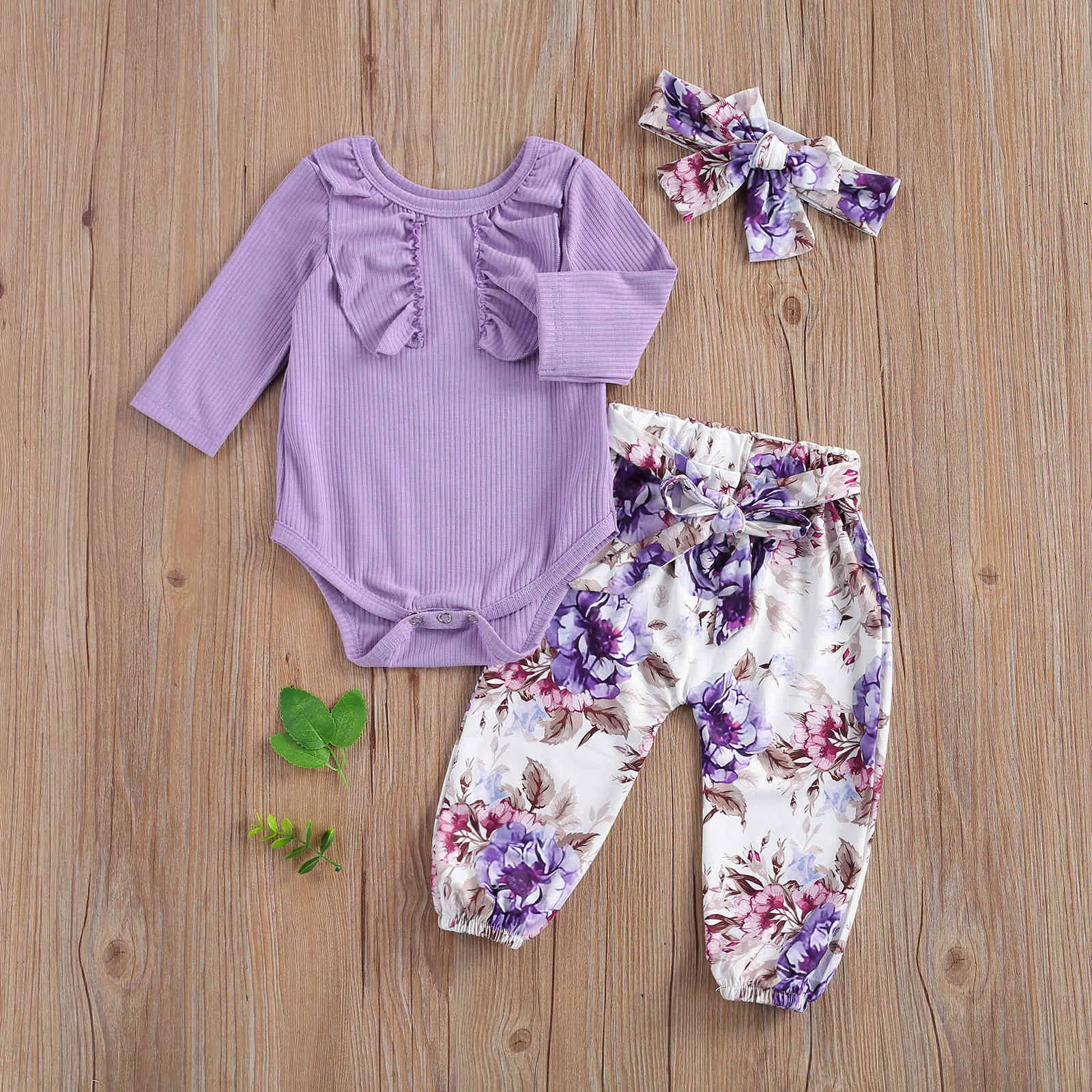0-18M primavera otoño nacido bebé niñas ropa conjunto volantes púrpura mameluco Floral pantalones diadema trajes 210515