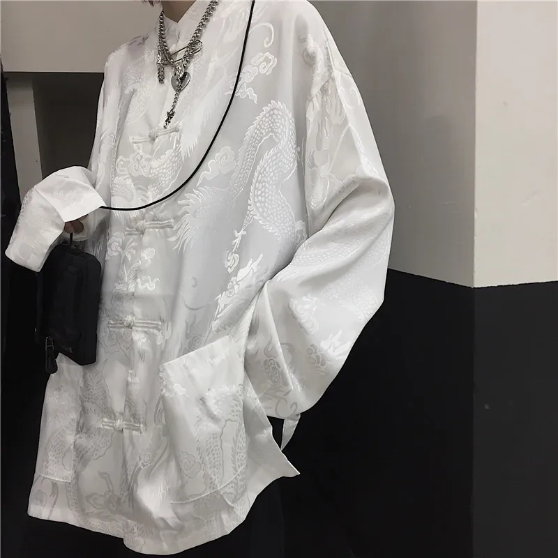 Vrouwen man blouse draak print harajuku streetwear chinese stijl stand kraag gesp vintage zwart wit shirt blusas 210519