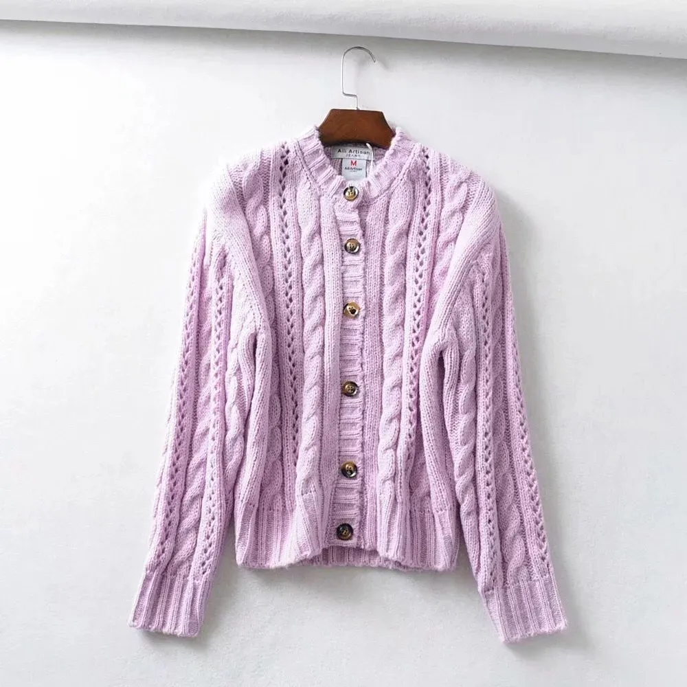 Vintage French Women Twist Striped Single-breasted Buttons Knitting Cardigan Cream Casual Knitwear Long sleeve Jumper Tops 210429