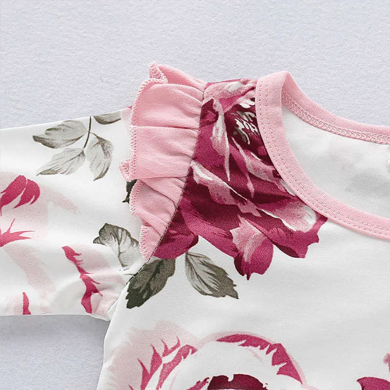 Bebê Primavera e Outono Roupas Personalidade Menina Bonito Longa-manga Rose Impressão Romper 210611