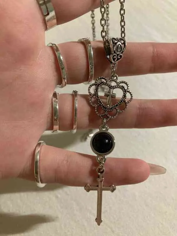 Collier, Pendentif, Onyx, Noir, Pierre, Coeur, Croix, Goth, Gothique G1206