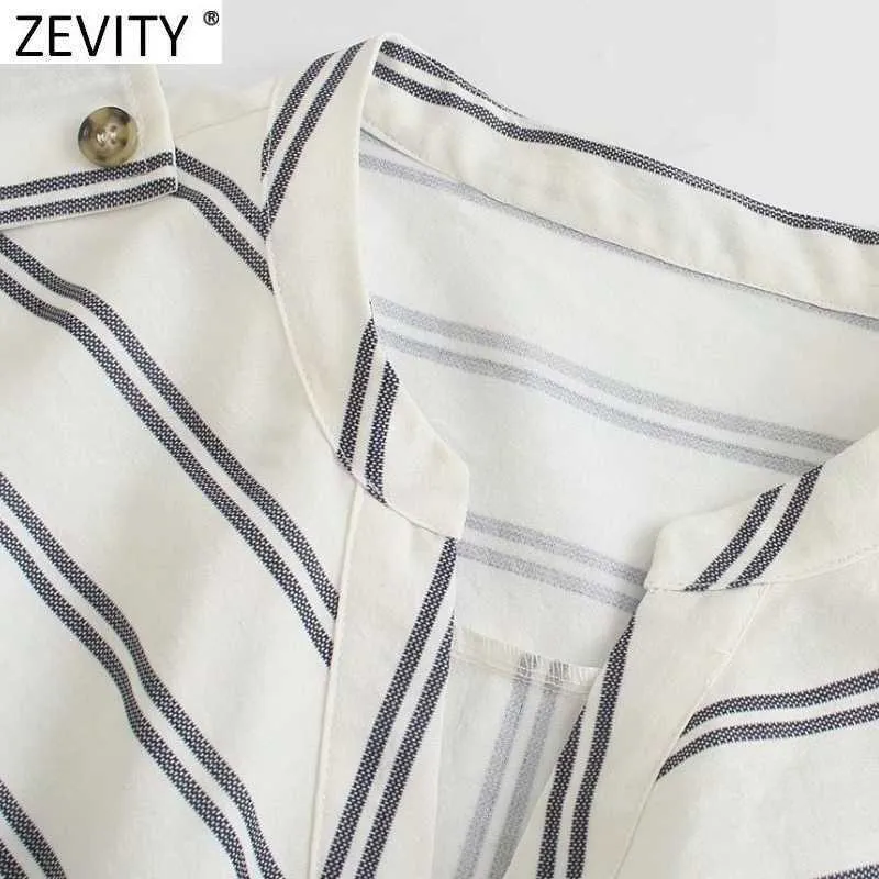 Zevity女性のファッションの縞模様のプリントカジュアルなプレイスーツ女性の弾性ウエストボタンショーツシャムシックポケットロンパースP1127 210603