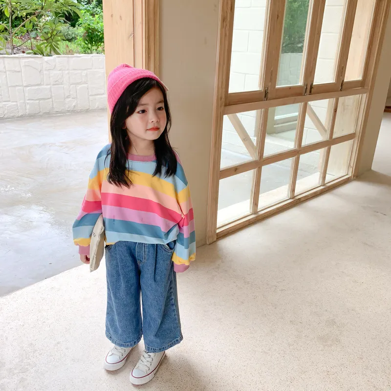 Estilo coreano otoño niños niñas casual arco iris rayas sudaderas llegada algodón ropa suelta 220309