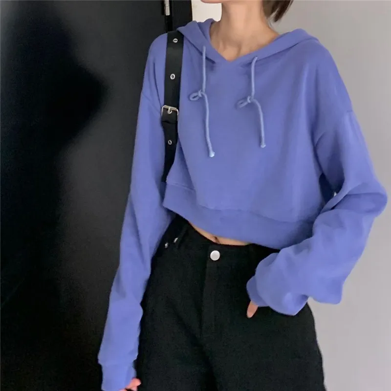 Lente Herfst Dames Tops Koreaanse Stijl De Solid Color Lange Mouwen Hooded Pullover Shirt Losse Korte Sweatshirts LL804 210506