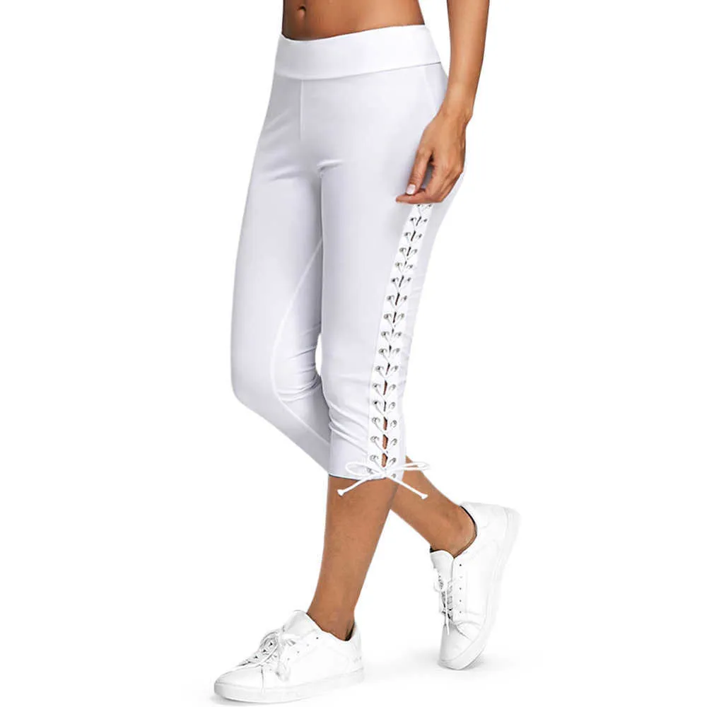 Plus Size S-5XL Mulheres Leggings Lace Up Skinny Casual Cintura Alta Lado Sólido Verão Bottoms Calças 210925