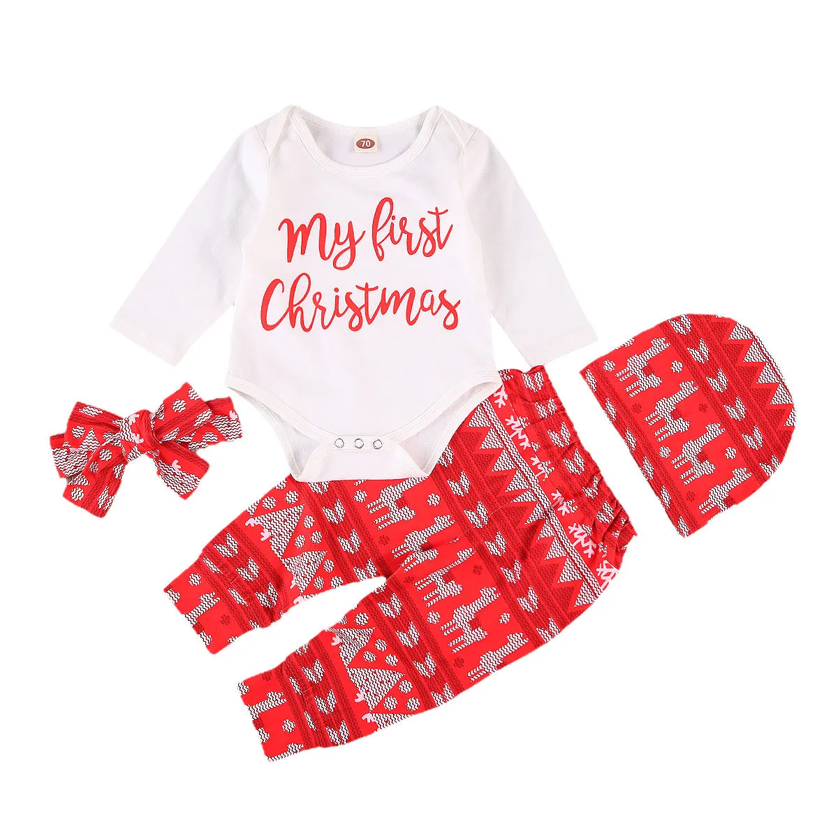 0-24M Christmas born Infant Baby Girls Clothes Set Letter Romper Pants Hat Headband Xmas Red Outfits 210515