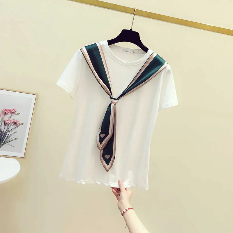 Estate coreana moda casual sciarpa di seta allentata cuciture T-shirt stile elegante cravatta a maniche corte femminile 210615