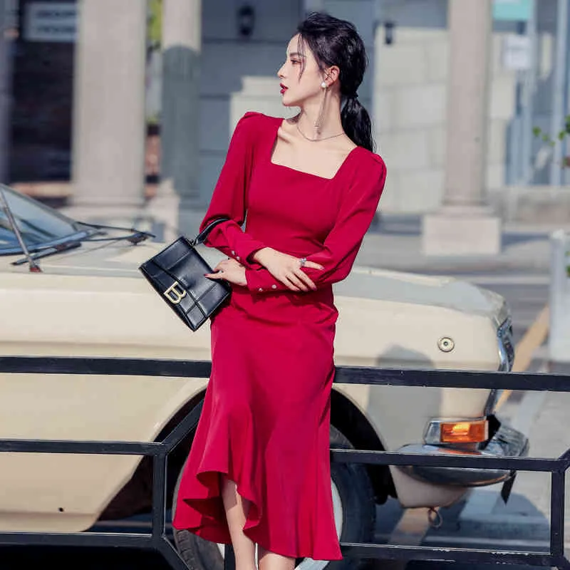LLZACOOSH Spring Korea Chic Square Collar Long Sleeve Solid Slim Mermaid Office Sheath Midi Dresses Vestido 210514