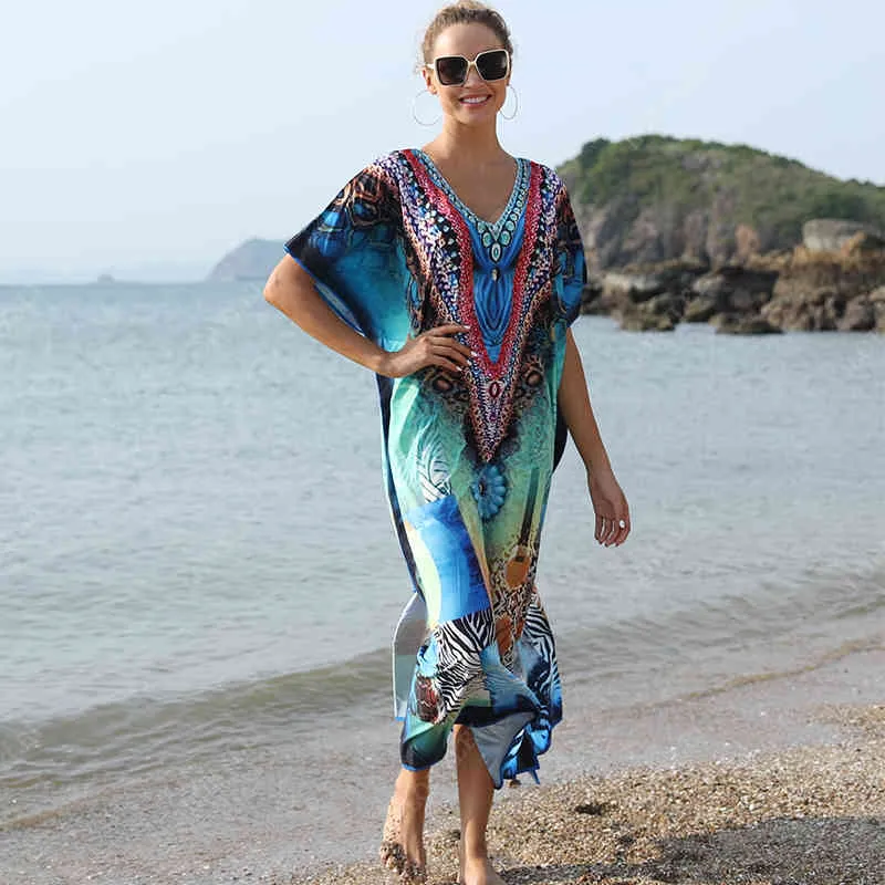 Bordado Poliéster Beach Kaftan Cobertura Up Dada de Praia Swimsuit Bikini Cover Tunics para PAREO SARONG WEAR Q1174 210420