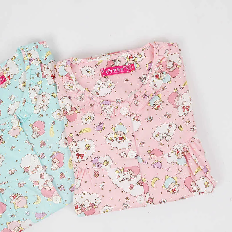 Cartoon giapponese Twin Stars Sleepwear le donne Estate Camicia e pantaloncini Set Lolita Girls Soft Melody Pigiama Homewear Camicia da notte 210809