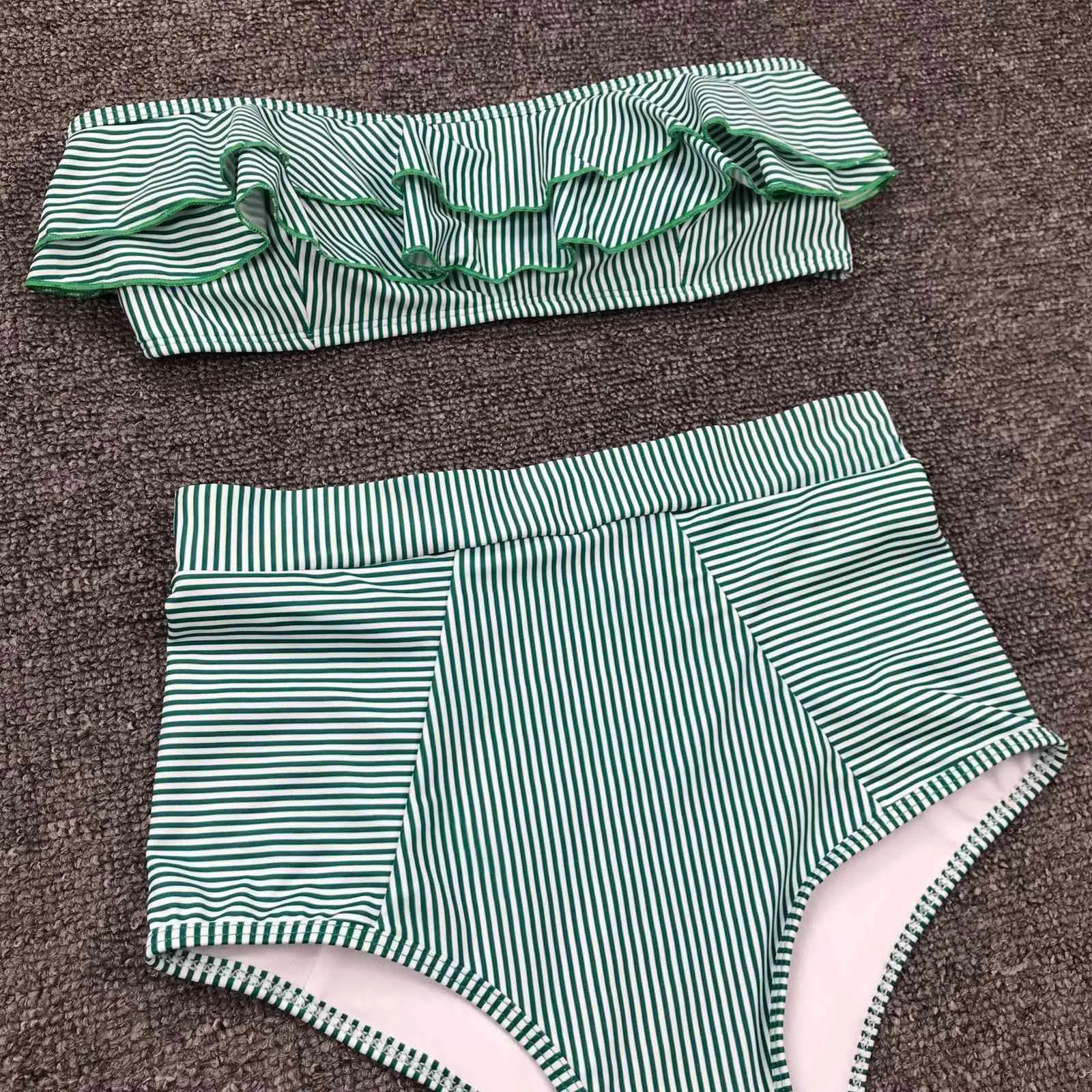 Słodki Zielony Wzburzony Wzburzony Bikini Off Ramię Push-Up Boho Wysokiej Talii Swimsuit Bez Ramiączek Dwie części Swimwear Beachwear 210429