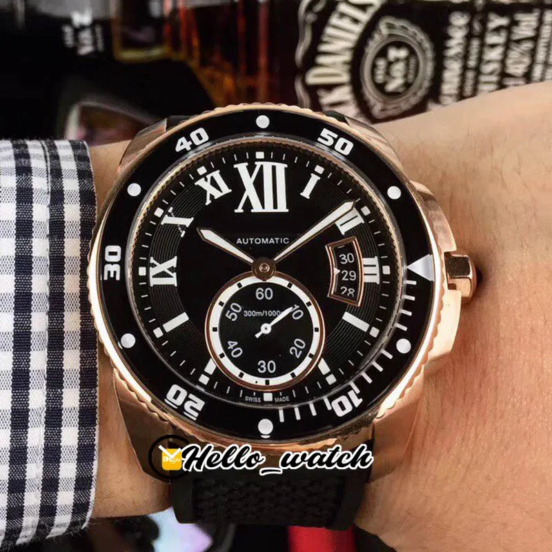 Калибр 42 мм De Dive W2CA0004 Азиатские автоматические мужские часы с черным циферблатом, большой датой, римским знаком, двухцветным корпусом из розового золота, резиновые часы Hel268h