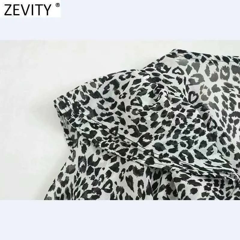 Zevity Women Vintage Vネックヒョウプリントショートスモックブラウス女性プリーツフリルキモノシャツシッククロップBlusas TOPS LS9359 210603