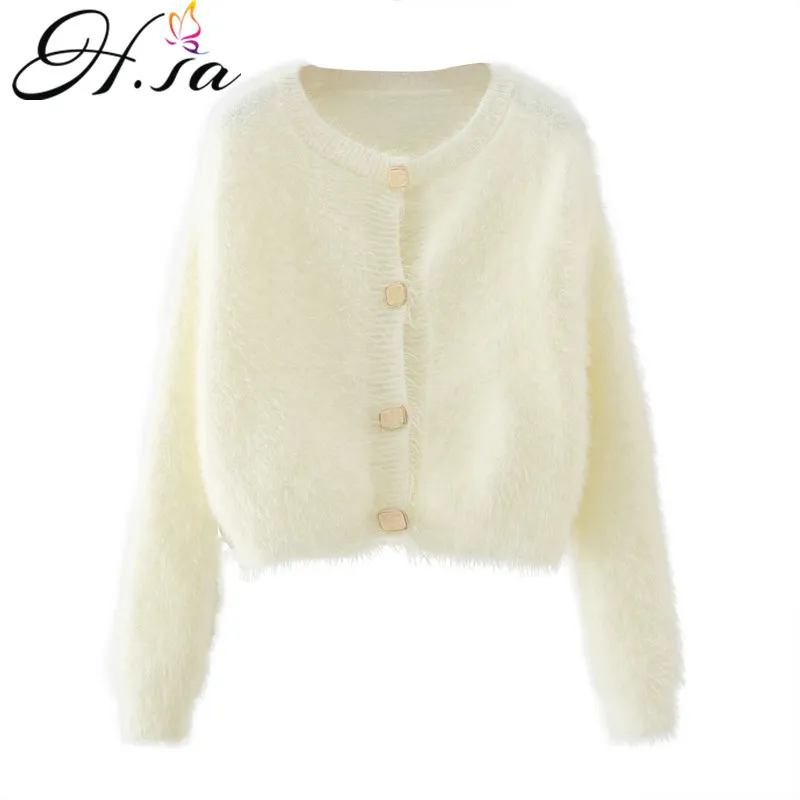 H.SA Women Casual Soft Warm White Cardigans Long Sleeve Tops ropa mujer Black Mohair Sweater Coat 210417