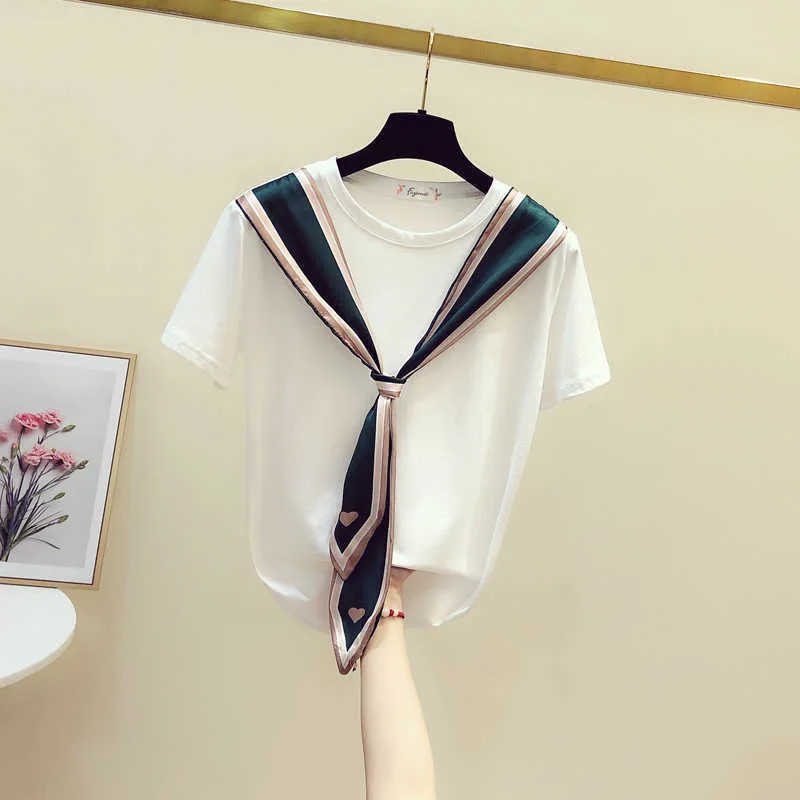Estate coreana moda casual sciarpa di seta allentata cuciture T-shirt stile elegante cravatta a maniche corte femminile 210615