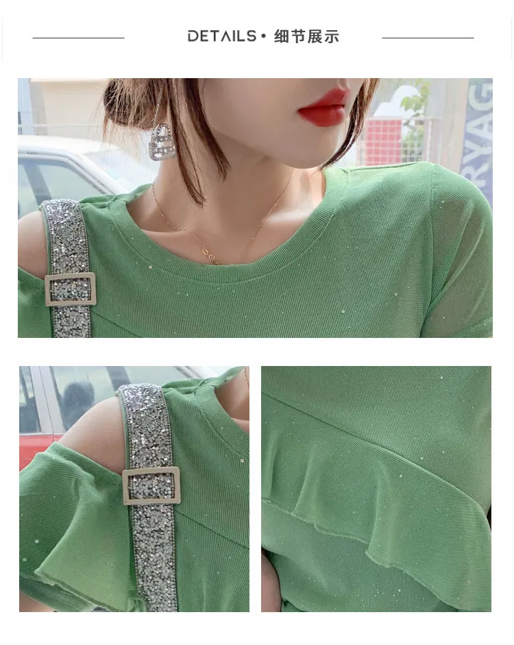 Summer Korean Style T-shirt Mode Sexy Volants Hors Épaule Brillant Diamant Chaîne Femmes Tops Casual Tous Match Tees T14709A 210421