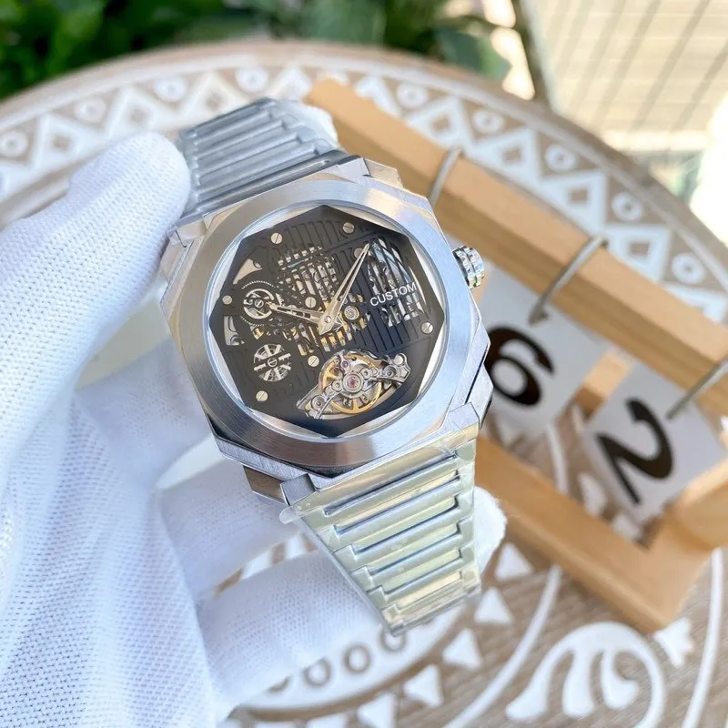 럭셔리 브랜드 남성 자동 정비 시계 시계 octo 기하학적 스테인레스 스틸 중공 플라이휠 팔찌 남성 시계 41mm
