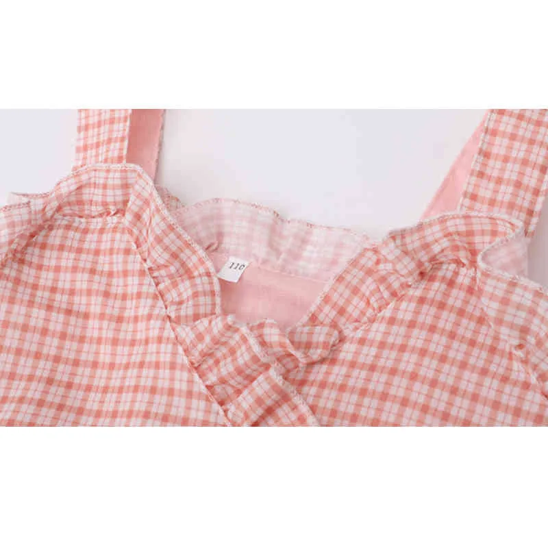 Summer Sleeveless V-neck Plaid Print Princess Dress Cute Sling Lace Kids Clothes Girl 210515