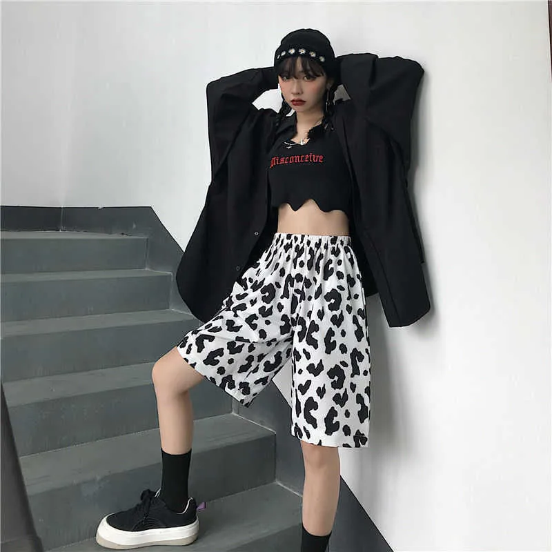 Short de sport de course d'été de vache blanche pour femmes Streetwear Harajuku coréen Joggers femmes élastique taille haute jambe large 210625