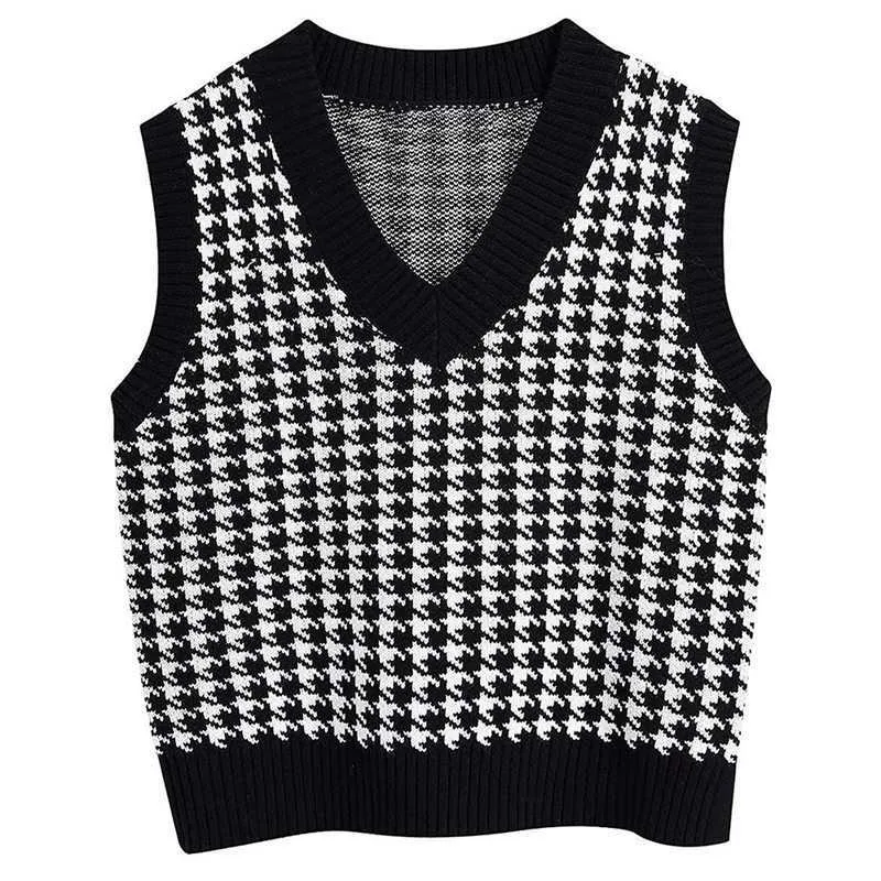 HEFLASHOR Femmes Houndstooth Gilet Pull Casual Col V Sans Manches Automne Hiver Jumper Tricot Style Coréen Pull Lâche Tops 210819