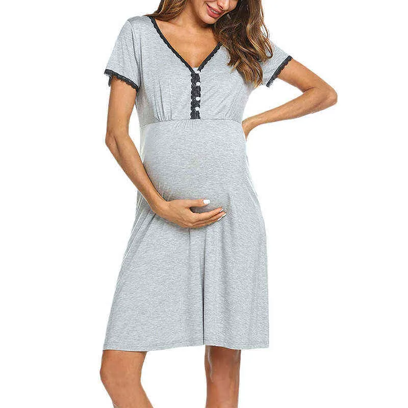 2021 été mode robe enceinte grande taille femmes maternité dentelle à manches courtes solide robe allaitement chemises de nuit vêtements G220309