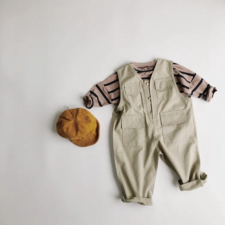 Drużyny dla dzieci moda dziewczyny bez rękawów luźne kombinezony wiosna jesień chłopcy kieszeni dzieci spodnie dorywczo 210515